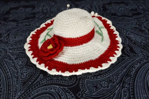 Vintage Hand Crocheted Red White & Green Sun Hat Pin Cushion Crocheted Flowers
