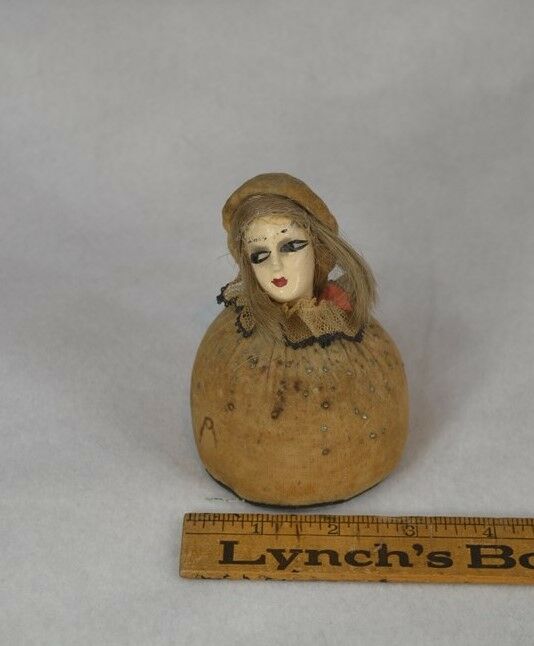 antique pin cushion deco velvet doll head composition painted face rare 1900