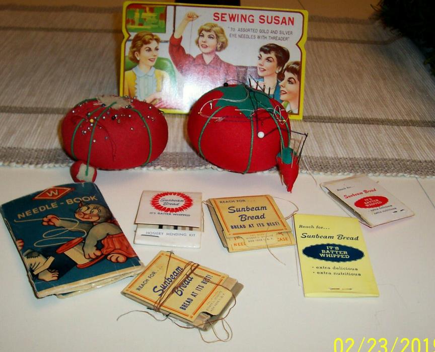 Vintage Tomato Pin Cushions Sewing Susan needle book & Sunbeam Bread Mending Kit