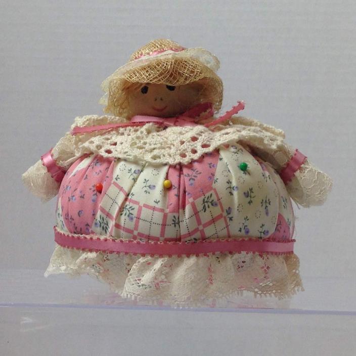 Country Lady Pin Cushion Lace Trim Vintage Handmade Crafted Seamstress Rustic