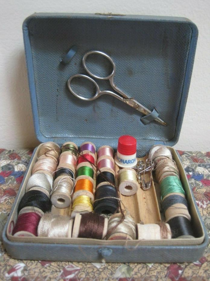 Vintage Small Metal TRAVEL Sewing KIT Scissors Thread Thimble Pins