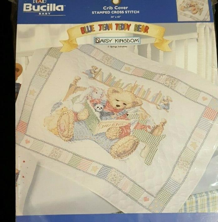 Bucilla Dasiy Kingdom Blue Jean Teddy Bear Stamped Cross Stitch Crib Cover Quilt