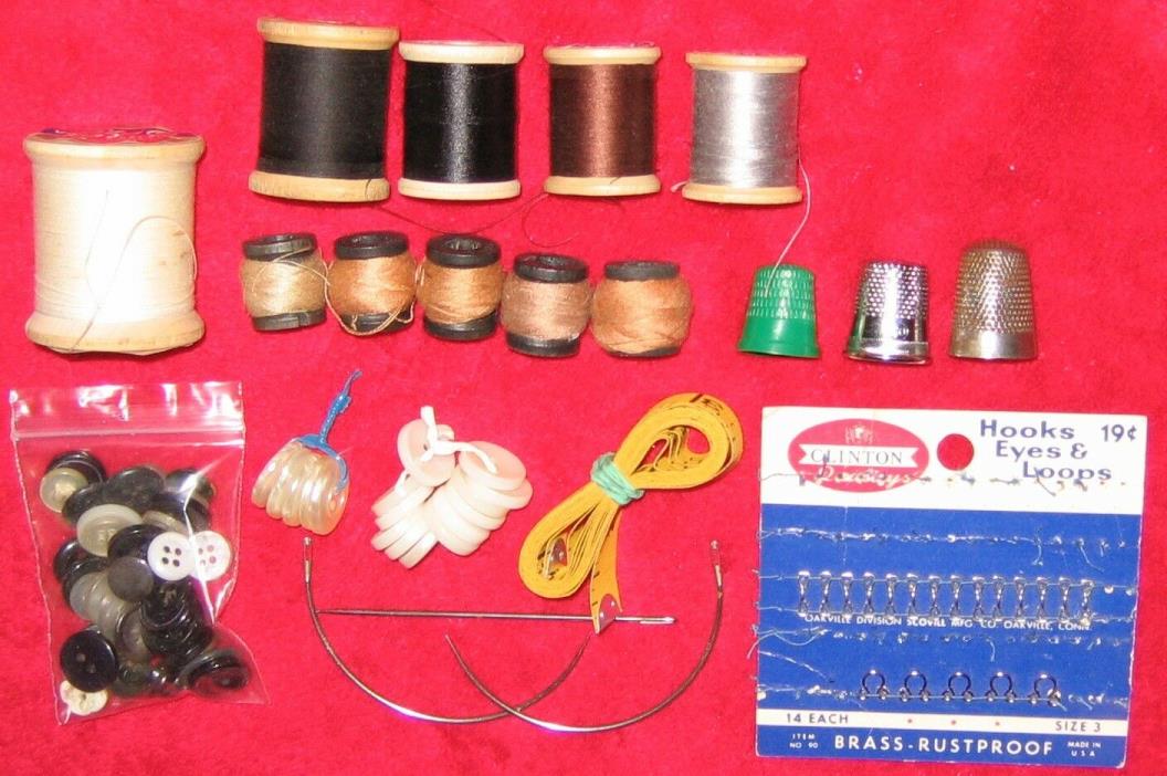 Vintage Sewing Lot Thimbles Thread Spools Buttons Measuring Tape Needle Hook Kit