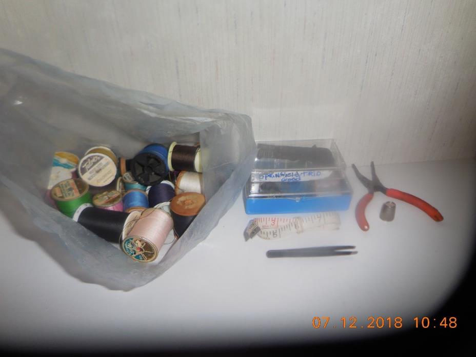 Assortment of Sewing Supplies, Thread, Needles, Thimble, Tape Measure, etc.