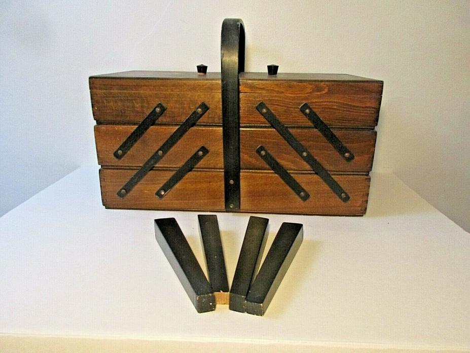 Vintage Wood Scissor Accordian Folding Strommen Bruk Hamar Style Sewing Box