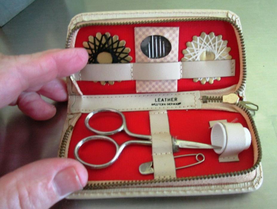 Vintage  Off White Leather Sewing  Kit with Scissors Germany Zippered Case