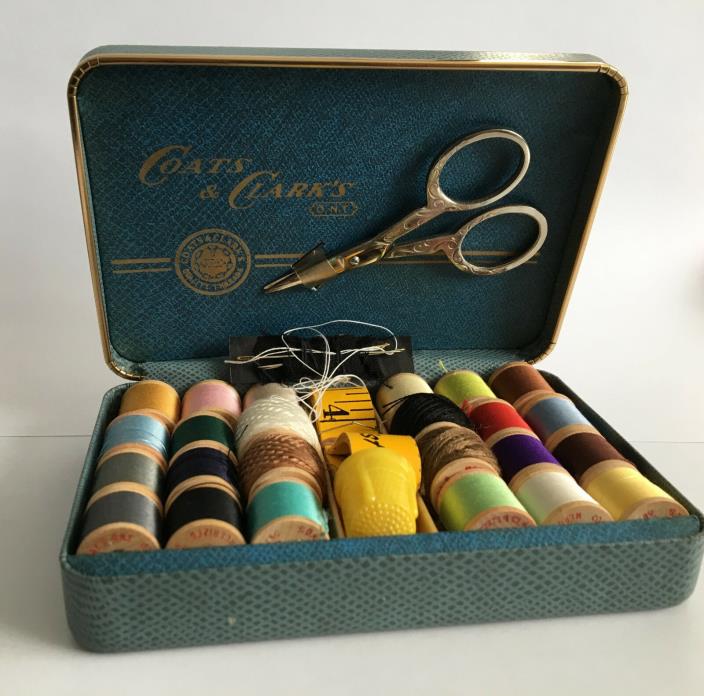 Vintage Coats and Clark Travel Sewing Kit Green Hard Case Wood Spools