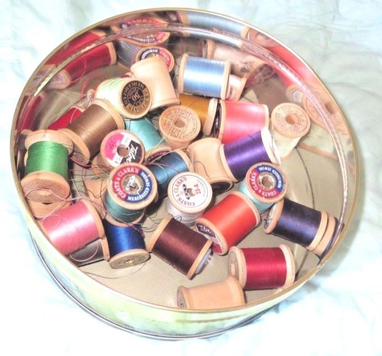Vintage THREAD on Wooden Spools (26) in Round Shirley Jean Collector Tin