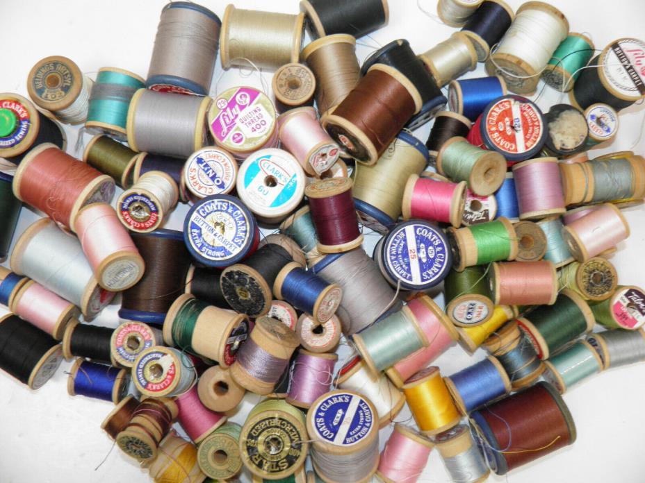 Estate Lot 100 Vintage Threads On Wooden Spools - Different Colors And Weights