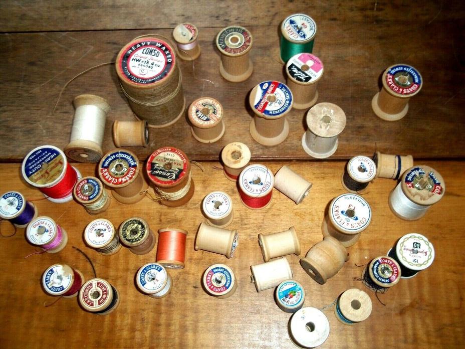 Lot of 36 Vintage Wood Wooden Thread Spools Sewing + ONE LARGE CONSO SPOOL
