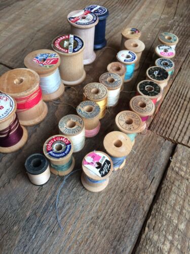 Lot of 25 Vintage WOODEN THREAD Spools, Mostly Empty, Craft Supplies