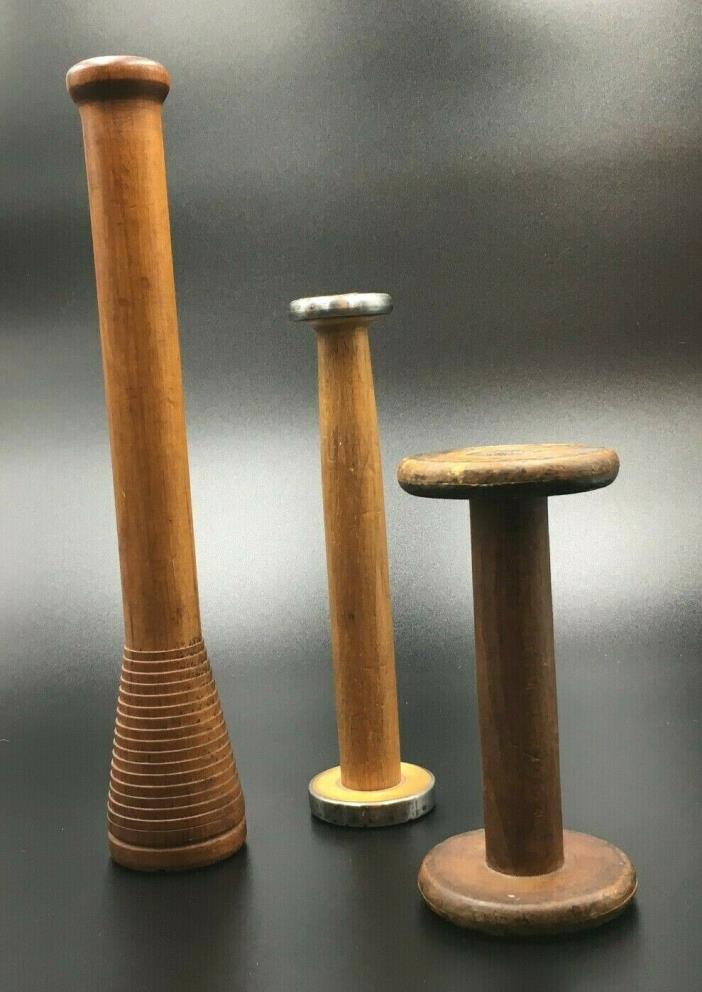 3 Vintage Antique Large Wood Thread Spools Wooden Yarn Textile Bobbins Primitive