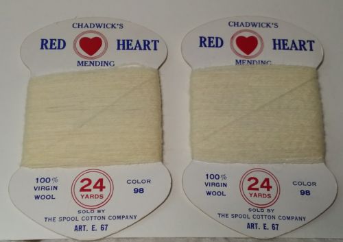 VINTAGE Chadwicks Red Heart MENDING WOOL CARDS Lot of 2 WHITE 24 Yds 100% Virgin