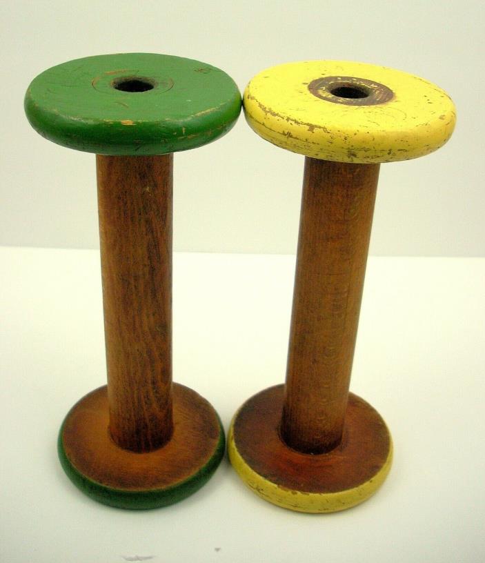 Lot of 2 - Vintage Clayton Bradford Green & Yellow Wood Thread Spools Spindles