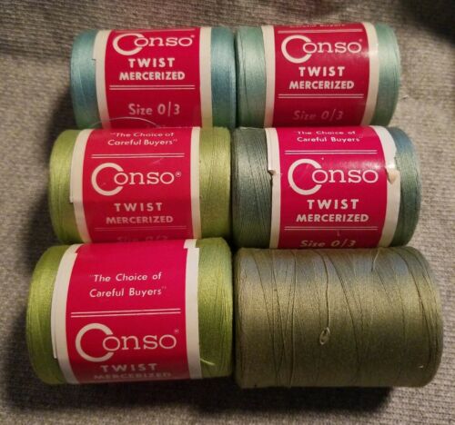 CONSO Twist Mercerized Thread  Size 0/3, 2 ozs Lot 6 spools. Vintage