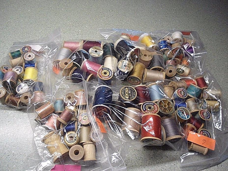 7 Bags 100 Spools Thread Most Wooden Many Labels Colors Large/Small Some Empty