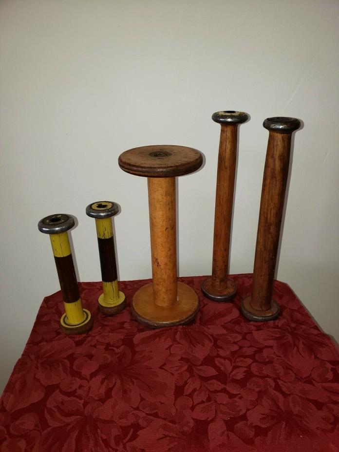 Wooden textile spools, 5 antique natural finish in 7