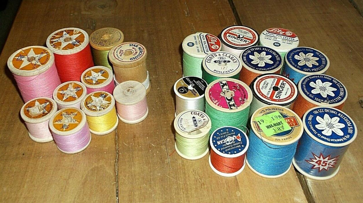 Lot 24 Vintage Sewing Thread Spools -10 Wooden,14 Other, FREE SHIP