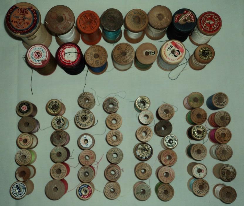 VINTAGE WOODEN SEWING THREAD SPOOLS LOT OF 60+ VARIOUS MAKERS & SIZES