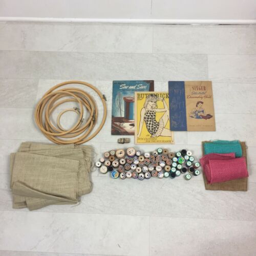 Lot Vintage Sewing Thread Coats & Clark Wood Burlap Embroidery Hoop Singer Guide