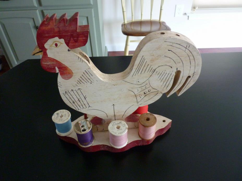 Vintage Wood Rooster Thread Holder
