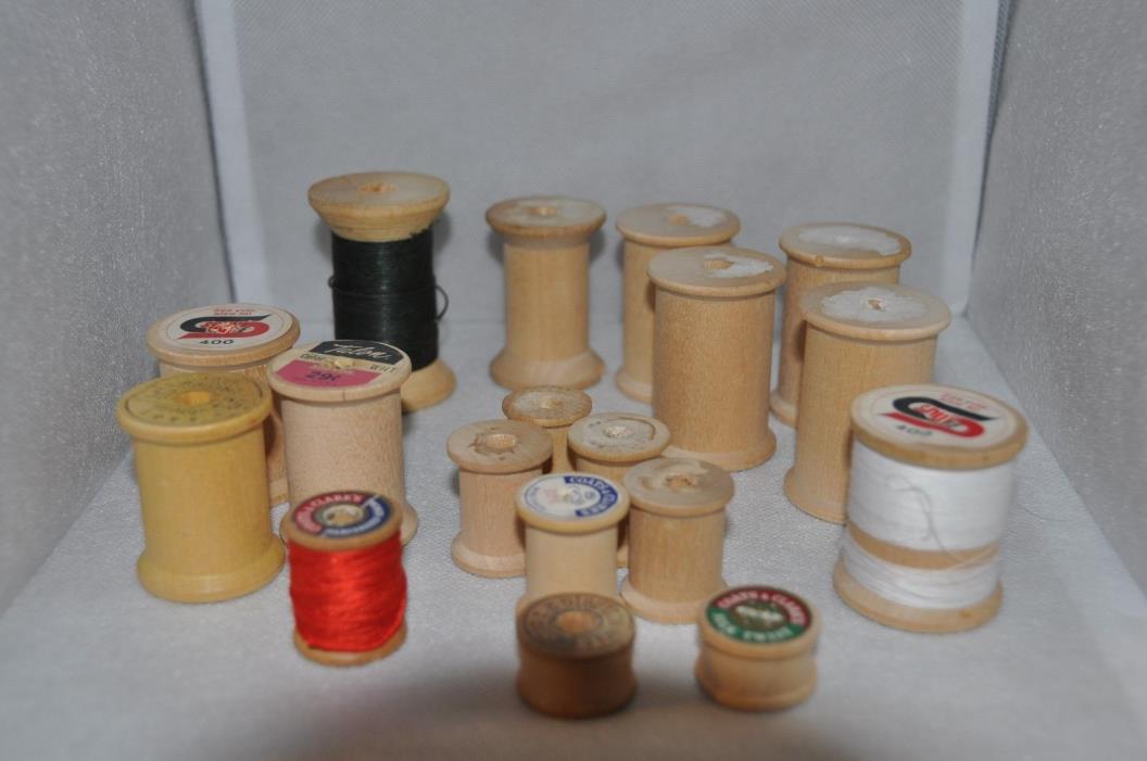 Vintage Sewing Collection of Wooden Spools, Some with Thread, Sizes Vary