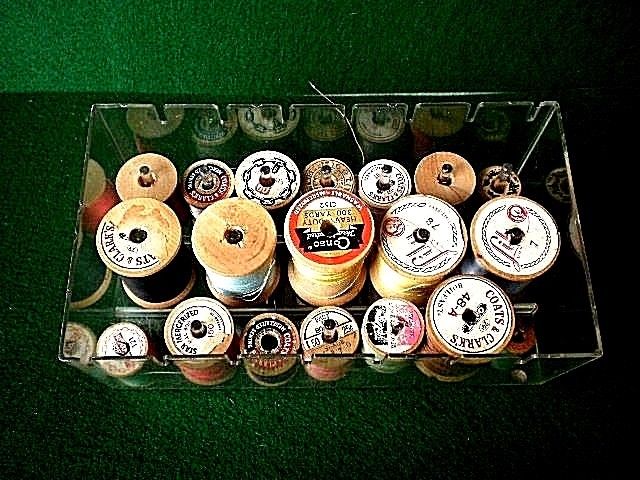 19 Wooden Spools & Thread w/ Plastic Storage Cabinet