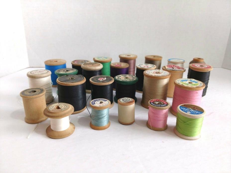 Lot of 25 Vintage Sewing Thread Spools Mostly Wooden Collectible Spools