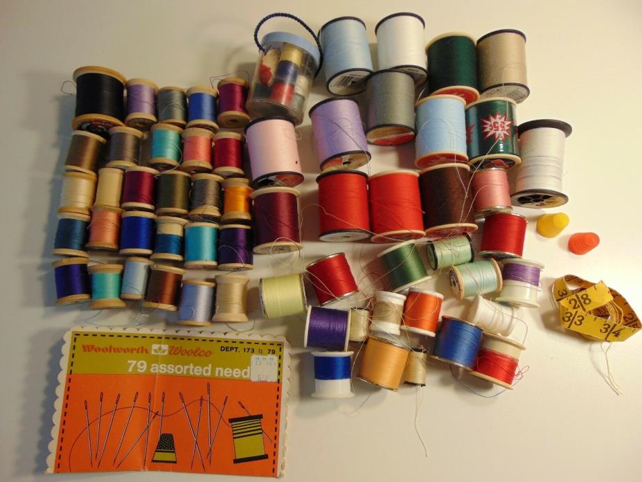 Lot of 60 Vintage Spools Sewing Thread, 28 are Wooden, Needles, Coats & Clarks
