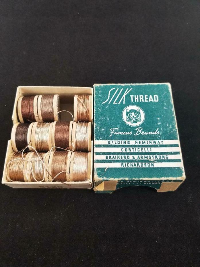 Vintage Box of 11 Wooden Spools of Silk Thread--In Original Box