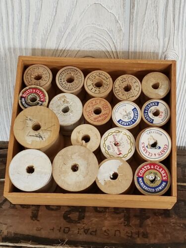 vintage wooden box and wooden spools lot