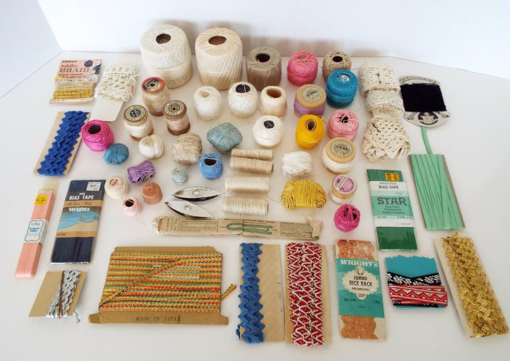Vintage Sewing Notions 56 Piece Estate Lot Crochet Threads Trims Rick Rack Lace