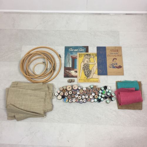 Vintage Sewing Lot Thread Coats & Clark Wood Burlap Embroidery Hoop Singer Guide