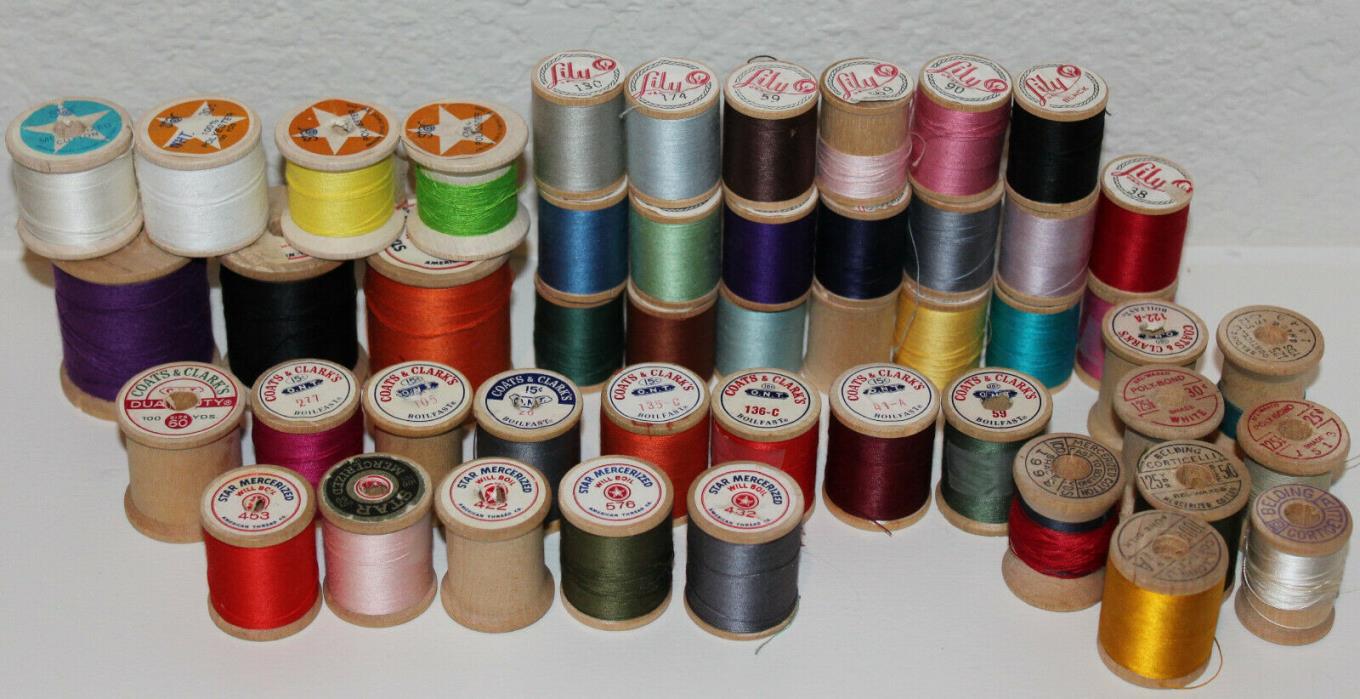 48 Wooden Spools Vintage Sewing Thread, Coats & Clark, Lily, Belding, Star