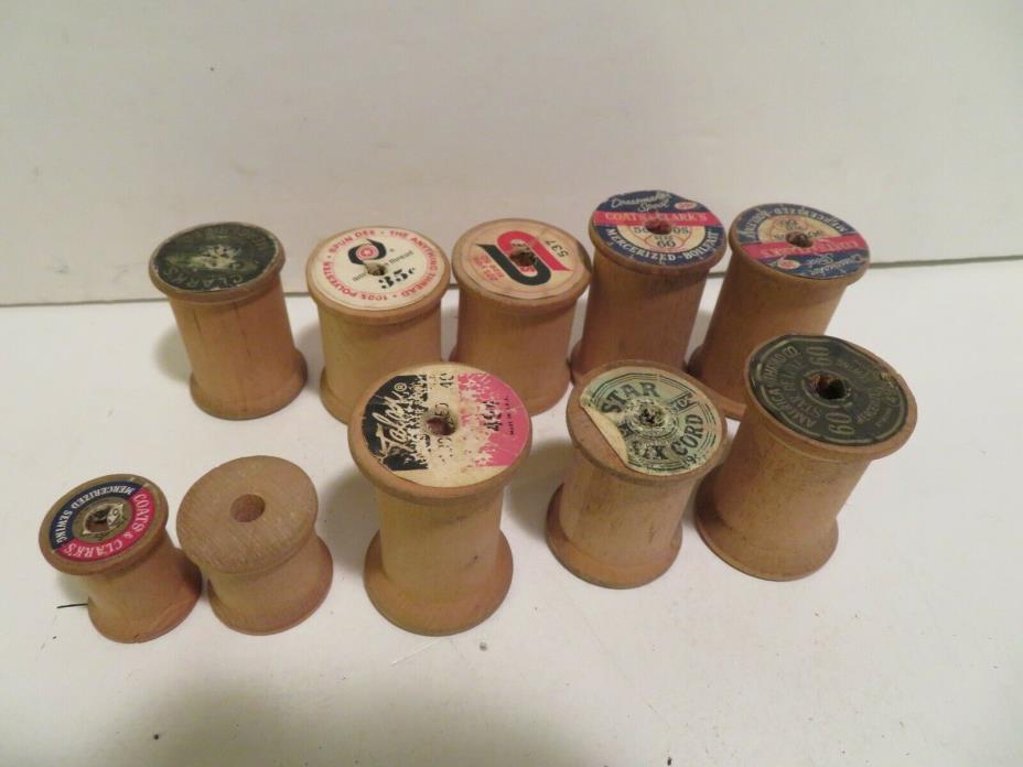 Lot of 10  Vintage Wood Wooden Sewing Thread Spools various sizes and brands