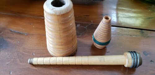 Vintage wooden spools, cone plus various shapes, lot of 3