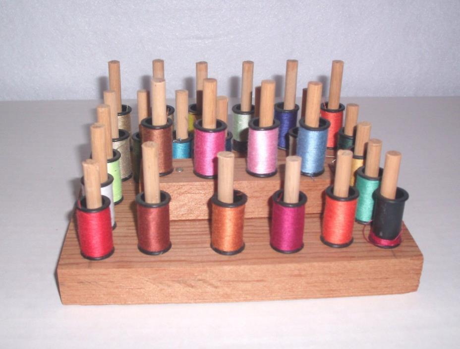 Vintage Sewing Thread Spools plus Wooden Storage Holder Rack with Spindles