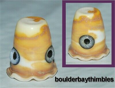 THURINGEN GLASS THIMBLE - HAND BLOWN MARBLED CARAMEL with 2  BLUE EYES
