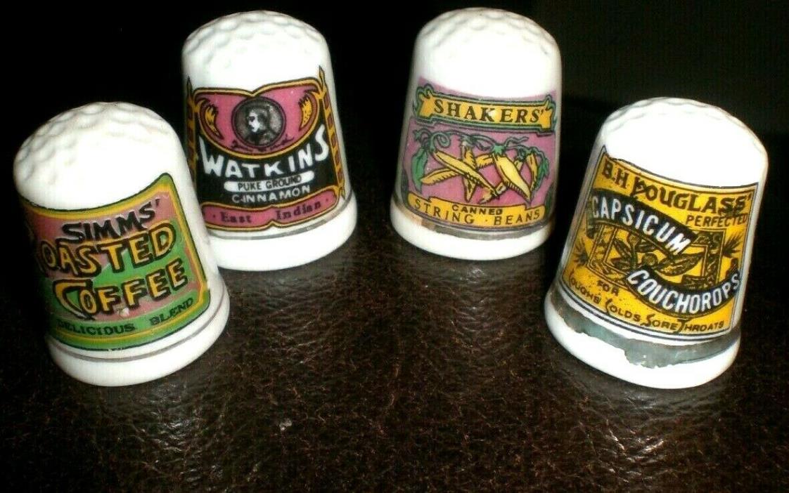 LOT OF 4 RARE & UNUSUAL GLASS THIMBLES, VINTAGE ADVERTISING THEMED  NOS