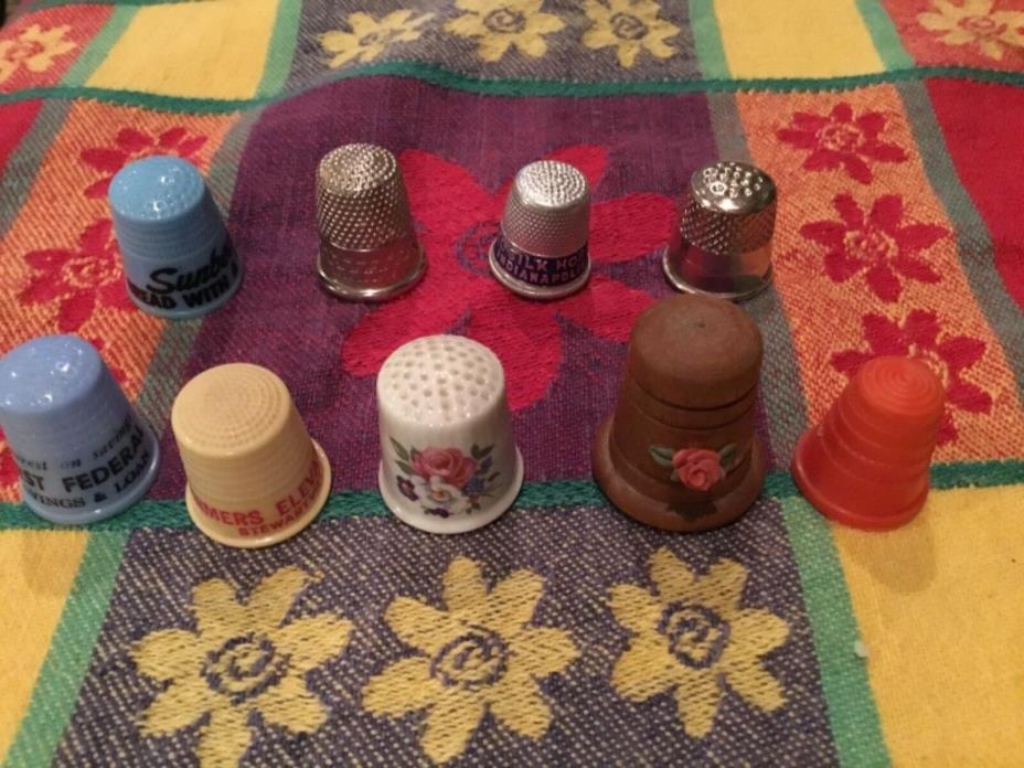 Lot of 9 Sewing  thimbles Advertising Plastic Metal +