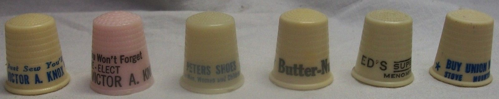 6 VINTAGE ADVERTISING THIMBLES: 2 VICTOR KNOX, PETERS SHOES, BUTTER-NUT + 2