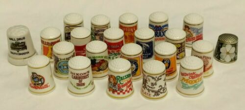 LOT OF 21 DIFFERENT COLLECTIBLE PORCELAIN SEWING THIMBLES W/ VINTAGE ADVERTISING