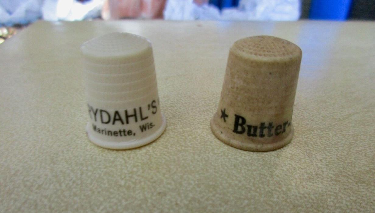 VINTAGE Thimble Lot 2 Advertising RYDAHLS CLEANING MARINETTE WI BUTTER COFFEE 2