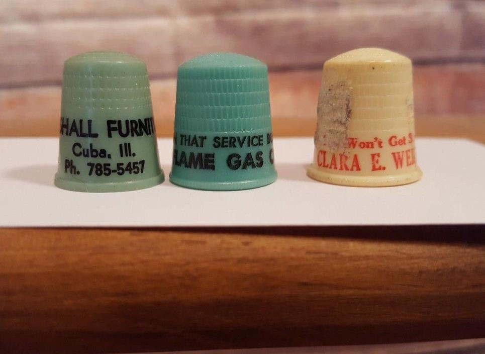 Vintage Sewing Advertisement Thimbles Lot 3 Plastic Marshall Cuba ILL Blue Flame