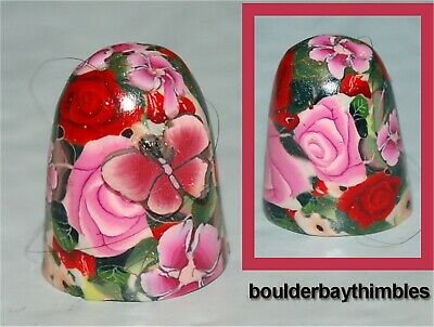 BOULDER BAY THIMBLE - FIMO MILLEFIORI #08 RED & PINK ROSES BUTTERFLY AFFIXED NEW