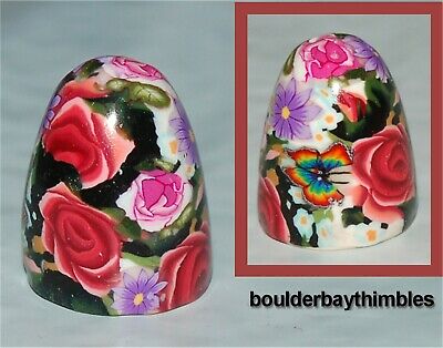 BOULDER BAY THIMBLE - FIMO MILLEFIORI #02 RED ROSES, RAINBOW BUTTERFLY NEW