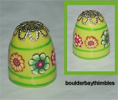 BOULDER BAY THIMBLE - FIMO LIME GREEN with FLOWERS and FILIGREE CAP NEW