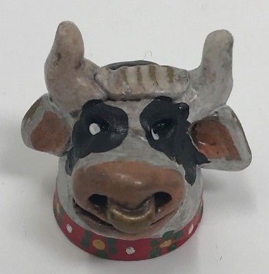 THIMBLE Hand Made COW Bull w/ Bell Animal Farm SEWING Collectible Display GIFT