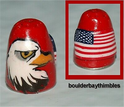 BOULDER BAY THIMBLE - FIMO PATRIOTIC EAGLE and US FLAG on RED BACKGROUND NEW