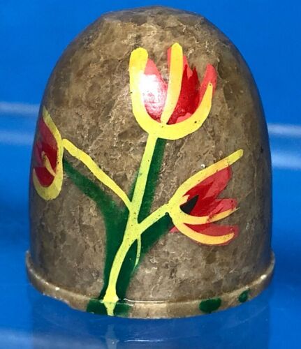 Vintage THIMBLE Hand Painted Flowers Greenery On Soapstone